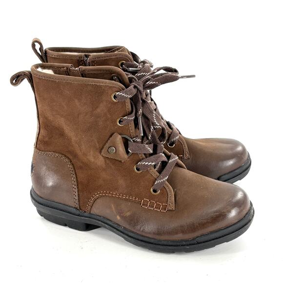 Ugg Hapsburg Combat Boots 6.5 Brown NWOT Ankle Booties Suede Leather Moto Sherpa - Picture 1 of 7